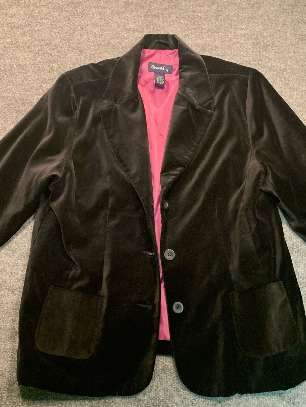 Denim & Co. Black Velvet Blazer with Pink Lining Preppy Academia Equestrian XL